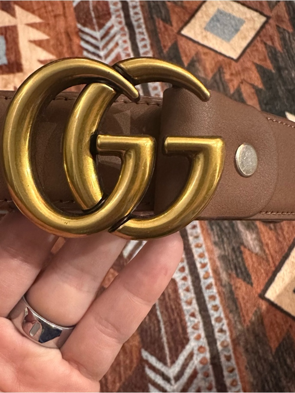 GG Brown Leather Belt with Gold Buckle